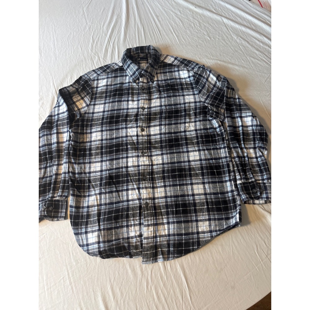 JA Plaid Flannel Shirt Mens L Navy Blue White Long Sleeve Button Down